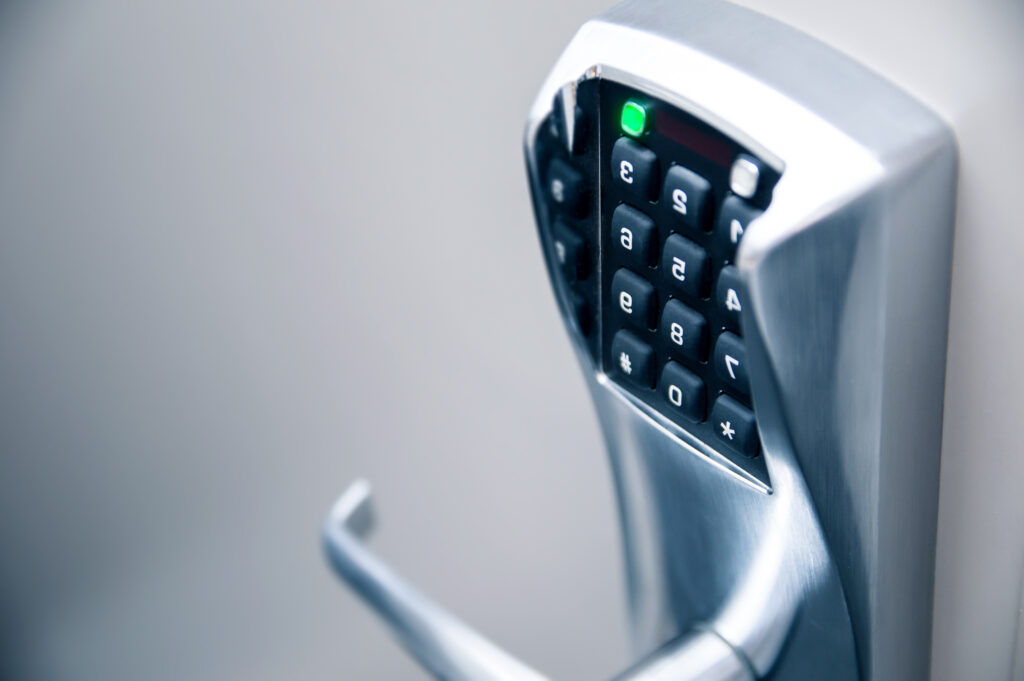 Electronic keypad lever lock installed on a door