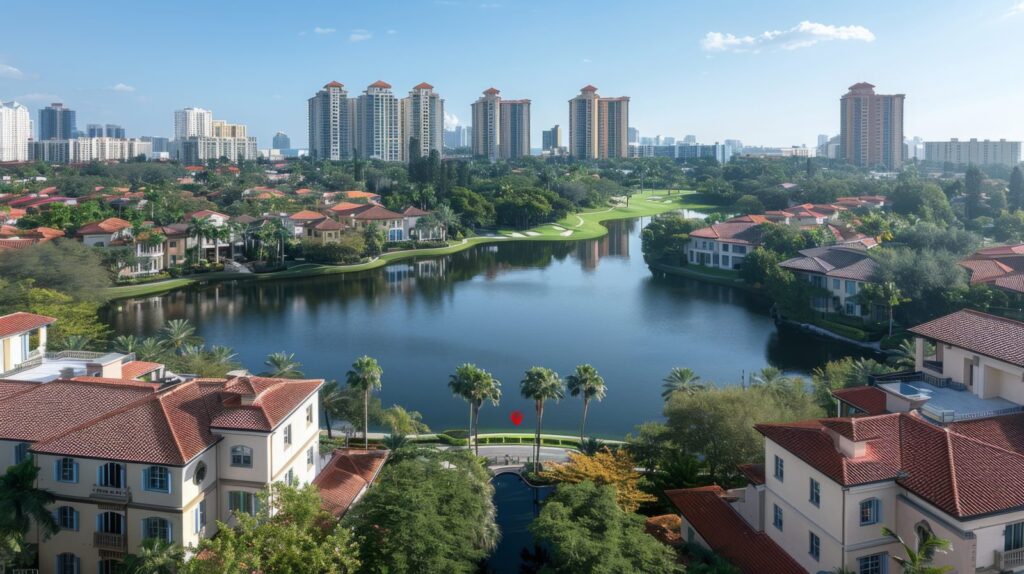 Aventura lakefront homes with tile roofs and condo towers in the distance