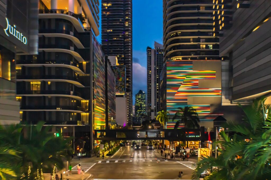 Brickell high-rise condo and office towers at dusk in Miami