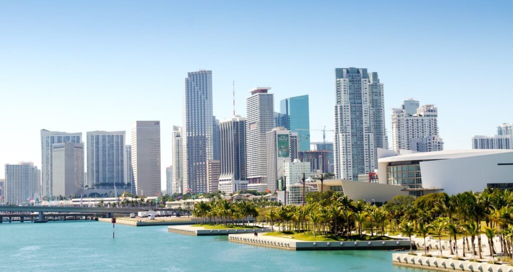 Downtown Miami skyline and bayfront high-rises seen from Biscayne Bay