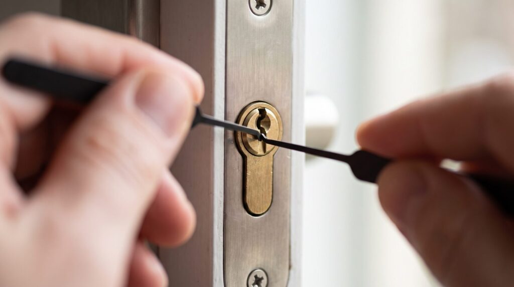 Locksmith picking a front door lock cylinder during a house lockout