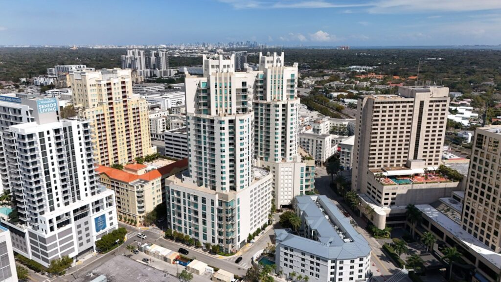 Aerial view of high-rise condo and office buildings in Kendall, Miami