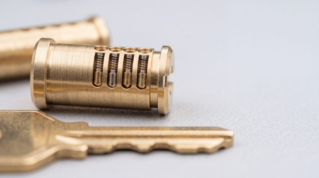 Brass lock cylinder with exposed pins and springs next to a key, showing the parts changed during lock rekeying