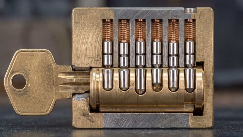 Cutaway of a brass pin tumbler lock cylinder showing six pin stacks and springs with a key inserted