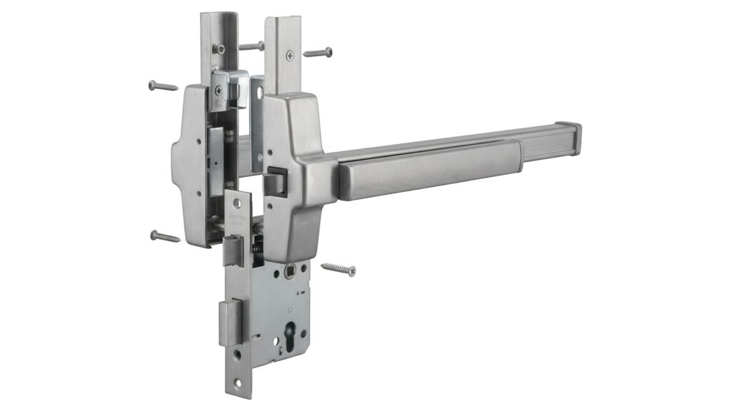 Stainless steel panic bar exit device with its mortise lock body, latch and mounting screws